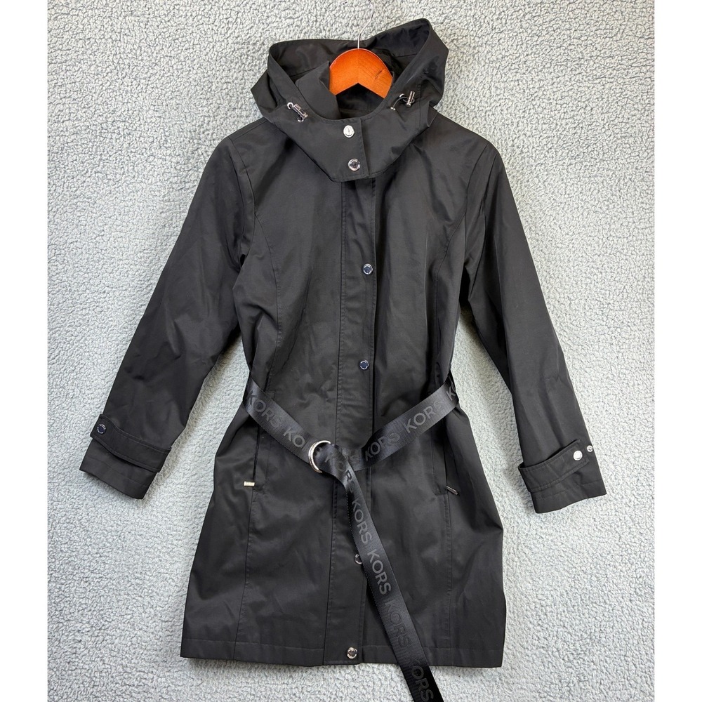 Michael Kors Hooded Belted Trench Coat Womens PM Black Raincoat Classic